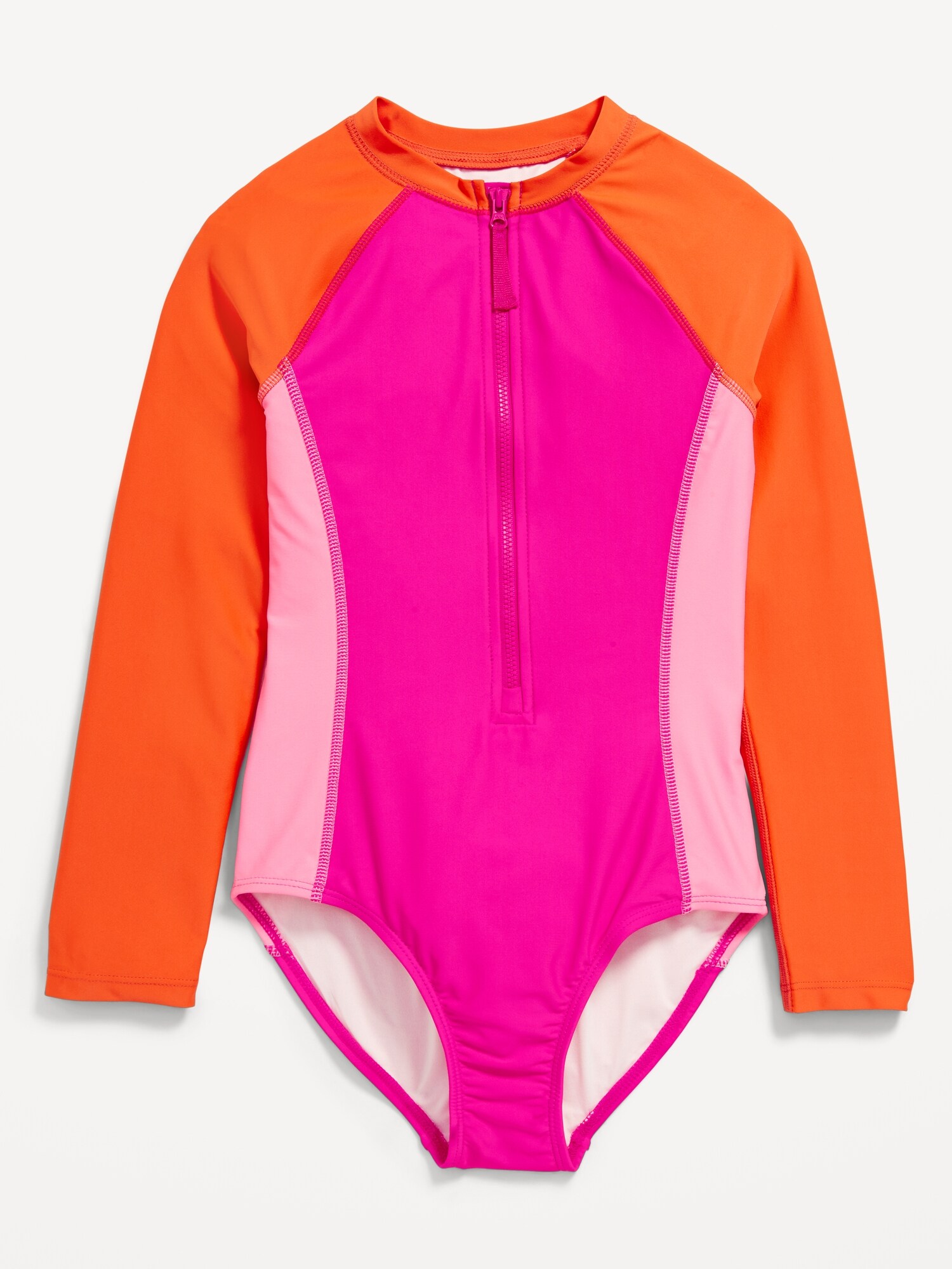 Old Navy Color-Block Zip-Front Rashguard One-Piece Swimsuit for Girls pink. 1