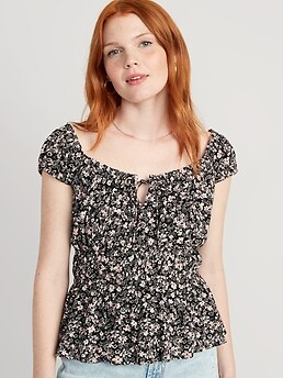 Fitted Cap-Sleeve Smocked Crepe Top for Women