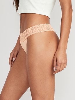 Mid-Rise Supima® Cotton-Blend Lace-Trim Thong Underwear for Women