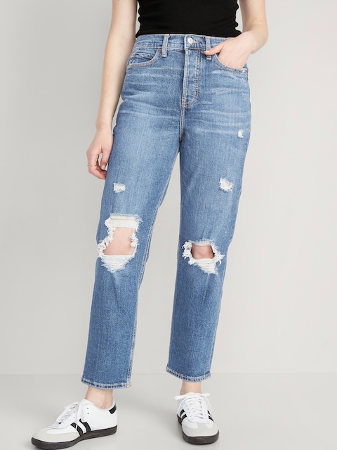 Extra High-Waisted Sky-Hi Straight Button-Fly Ripped Jeans