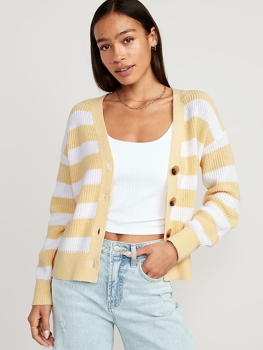 Image number 1 showing, Striped Lightweight Shaker-Stitch Cardigan Sweater for Women