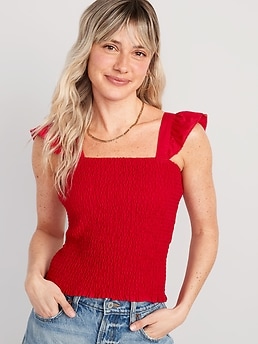 Fitted Ruffle-Trim Smocked Cropped Top for Women