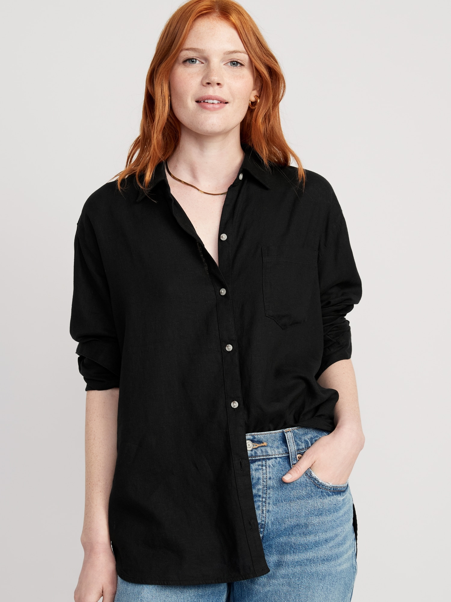 Old Navy Linen-Blend Boyfriend Shirt for Women black. 1