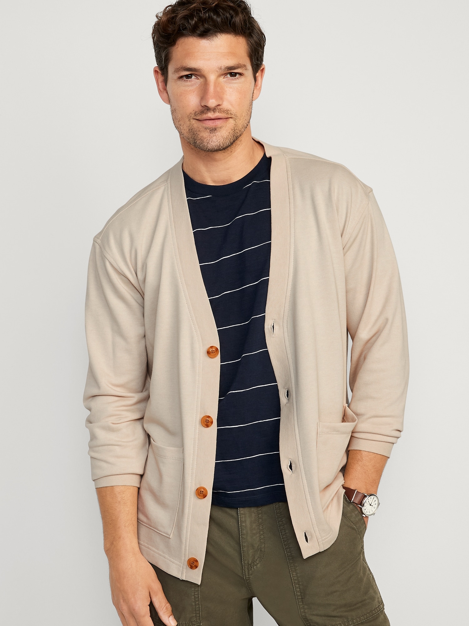 French Terry Button-Front Cardigan Sweater for Men
