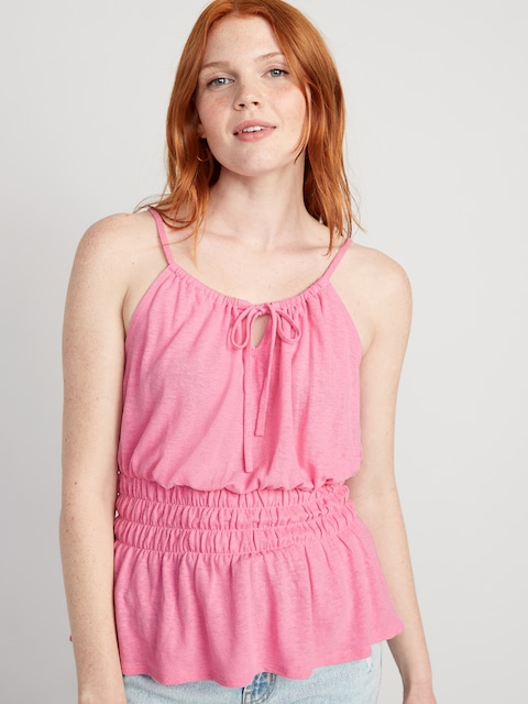 Haut à smocks sans manches en mélange de lin pour Femme - Rose