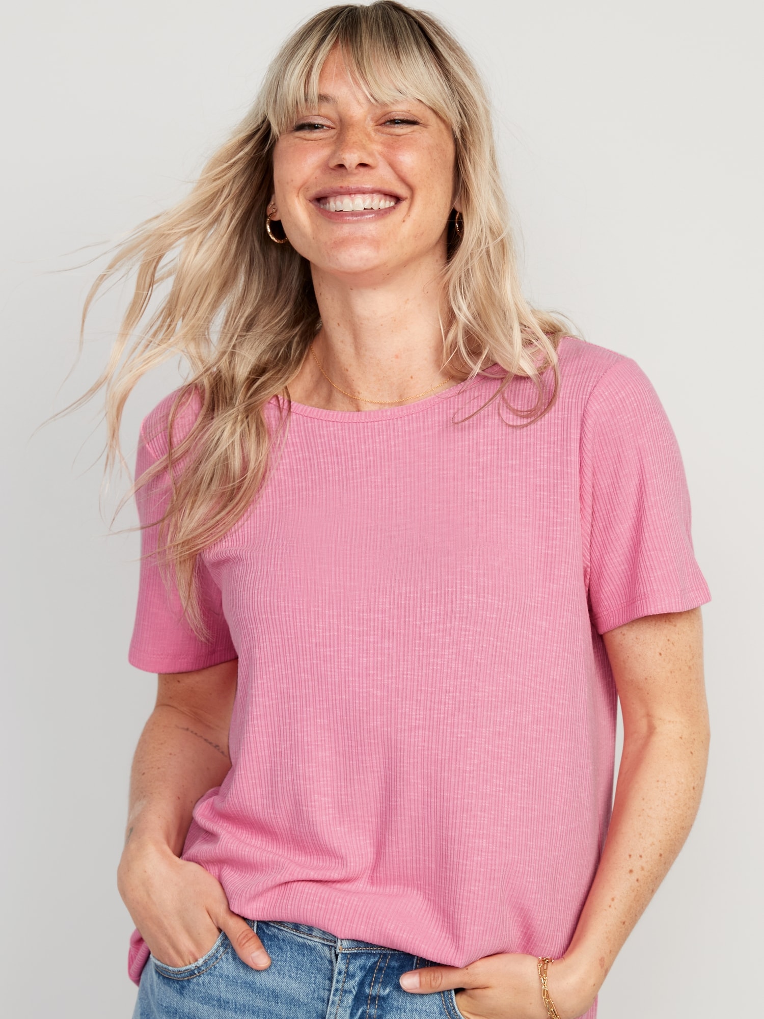 Old Navy Luxe Ribbed Slub-Knit T-Shirt for Women pink. 1