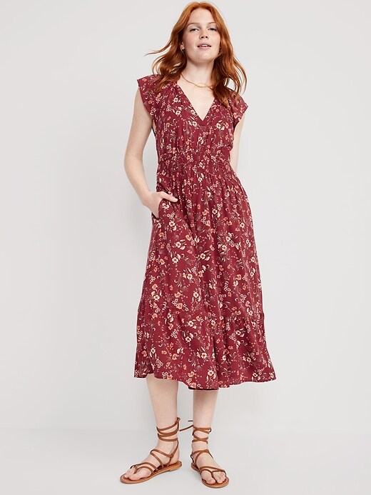 Image number 1 showing, Waist-Defined Flutter-Sleeve Smocked Floral Midi Dress for Women