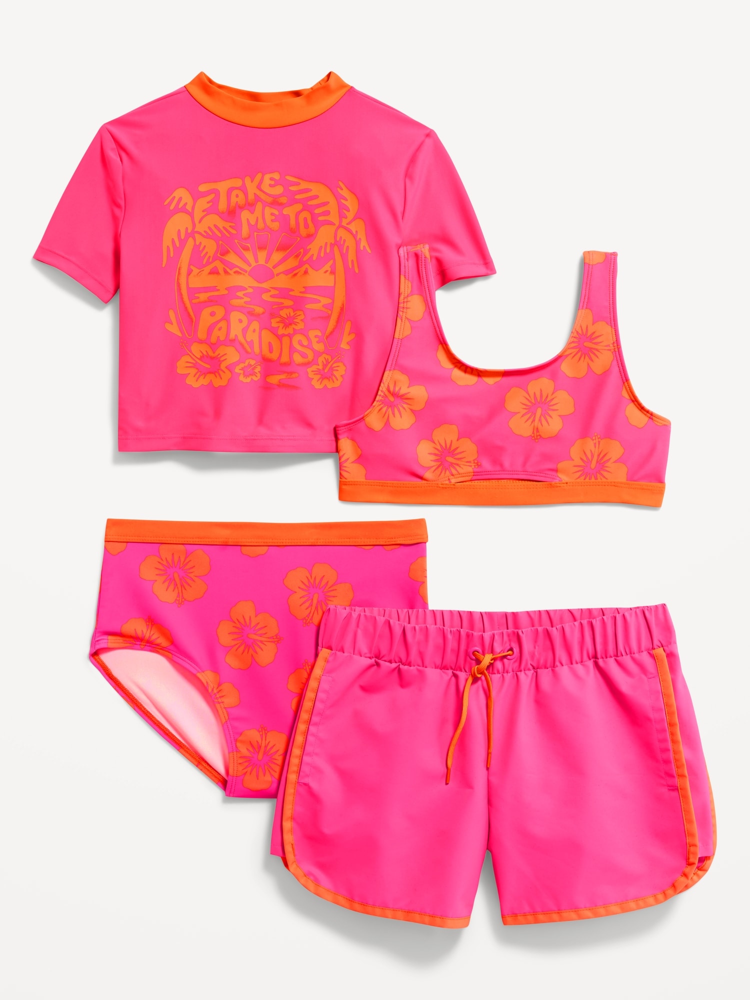 Old Navy 4-Piece Short-Sleeve Rashgaurd and Bikini Swim Set for Girls pink. 1