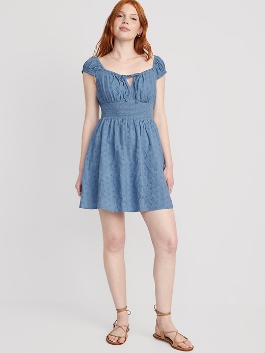 Image number 1 showing, Waist-Defined Smocked Mini Dress