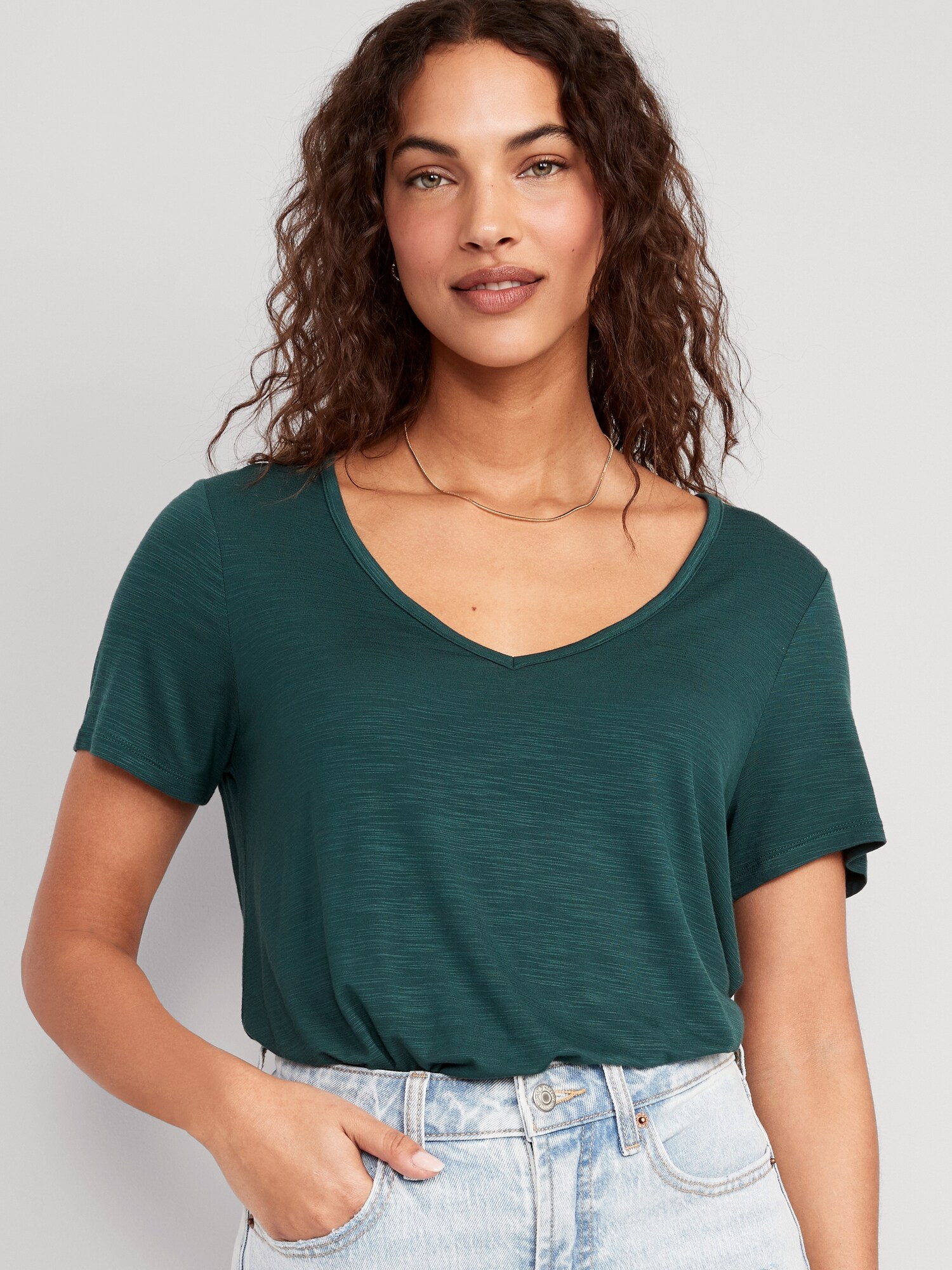 Old Navy Luxe V-Neck Slub-Knit T-Shirt for Women green. 1