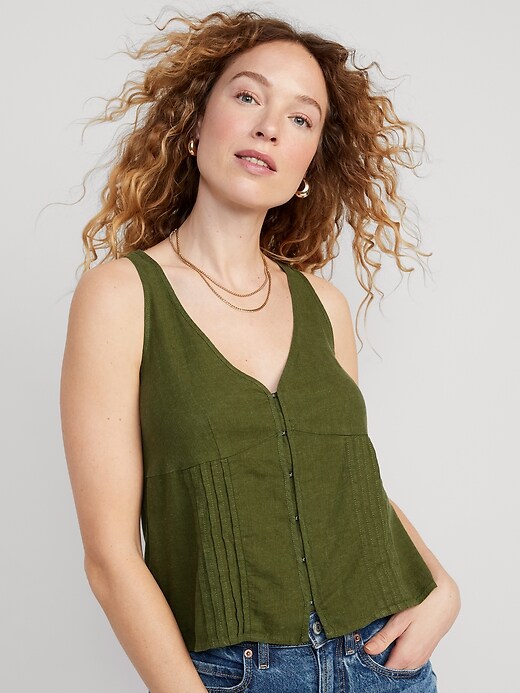 Image number 1 showing, Fitted Sleeveless Linen-Blend V-Neck Top