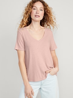 Luxe V-Neck Ribbed Slub-Knit T-Shirt for Women