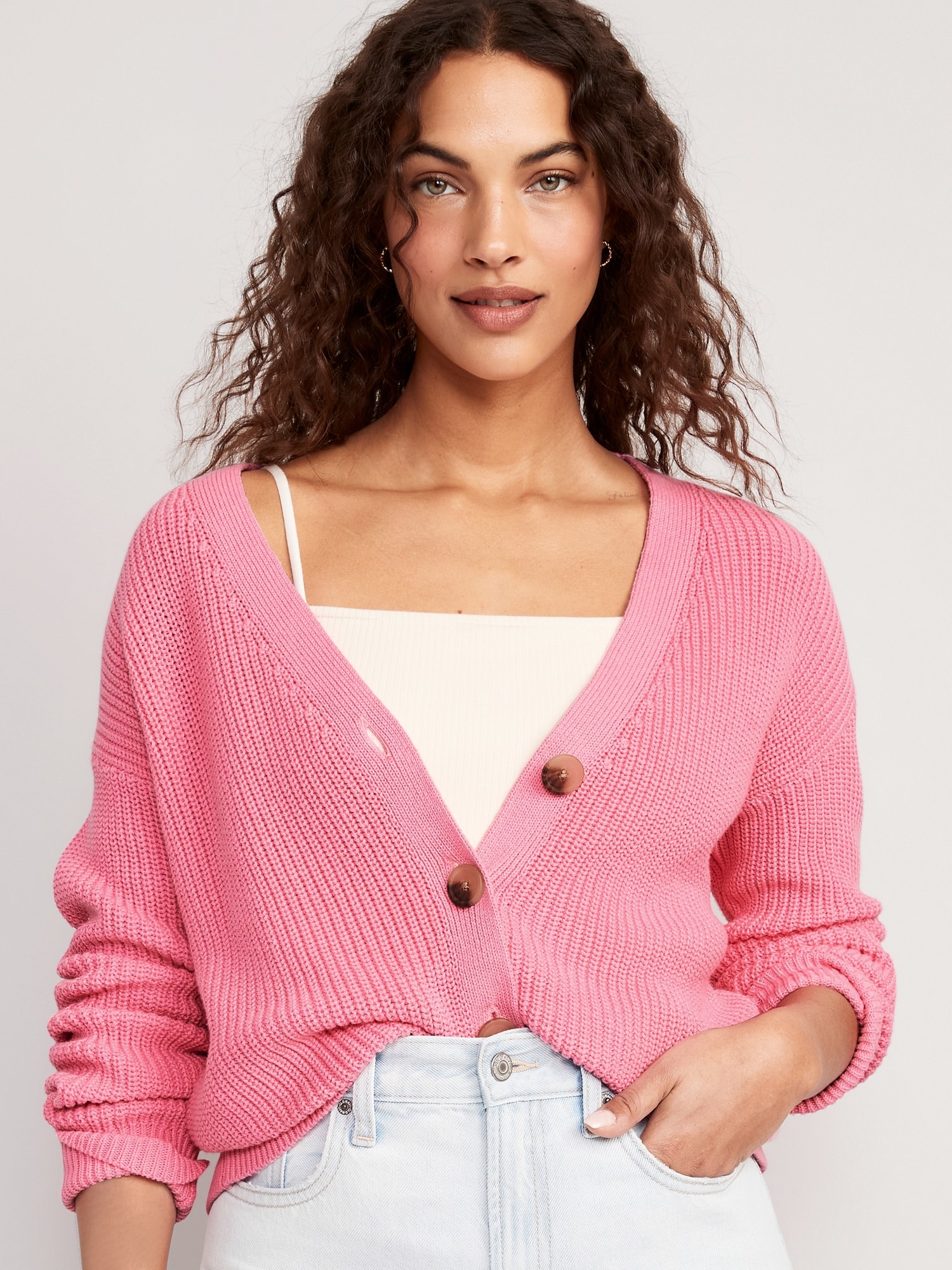 Old Navy Lightweight Cotton and Linen-Blend Shaker-Stitch Cardigan Sweater for Women pink. 1