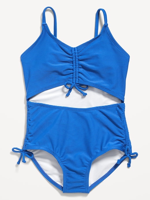 View large product image 1 of 1. Cinch-Tie Center-Front Cutout One-Piece Swimsuit for Girls