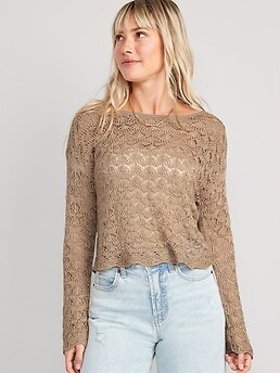 Crochet Boat-Neck Cropped Sweater for Women