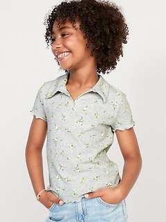 Rib-Knit Collared Lettuce-Edge Shirt for Girls