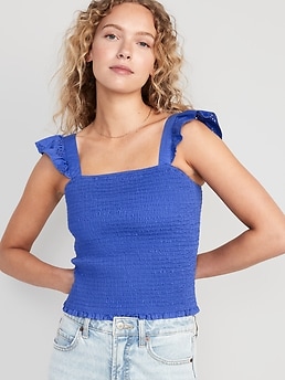 Fitted Ruffle-Trim Smocked Cropped Top for Women