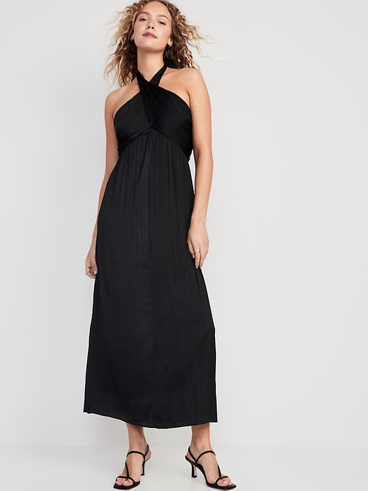 Image number 1 showing, Fit & Flare Wrap-Neck Satin Maxi Dress
