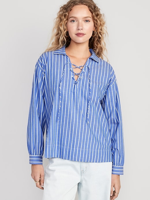 Image number 1 showing, Long-Sleeve Tie-Front Notch Collar Shirt
