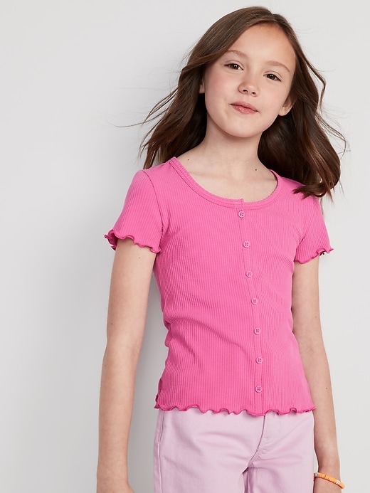 Rib-Knit Button-Front Lettuce-Edge Top for Girls