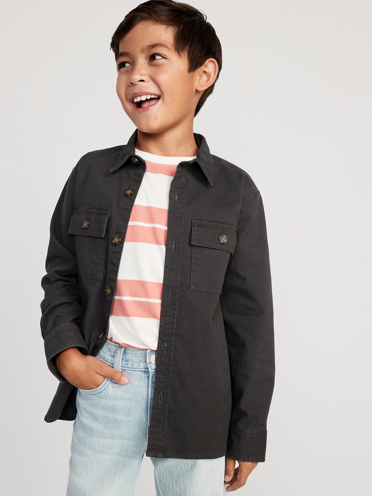 Old Navy Long-Sleeve Utility Pocket Twill Shirt for Boys black. 1