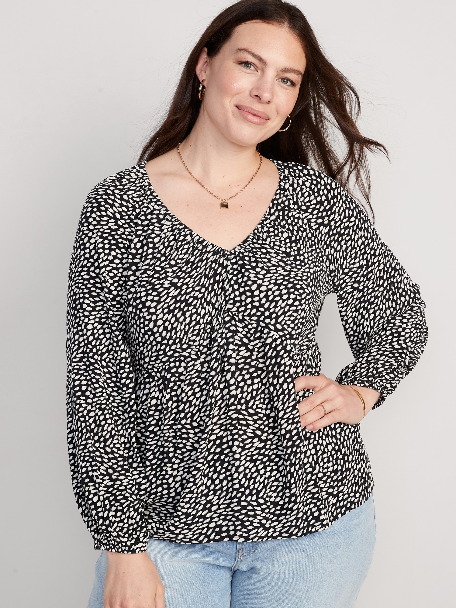 Long-Sleeve V-Neck Crinkled Boho Top for Women