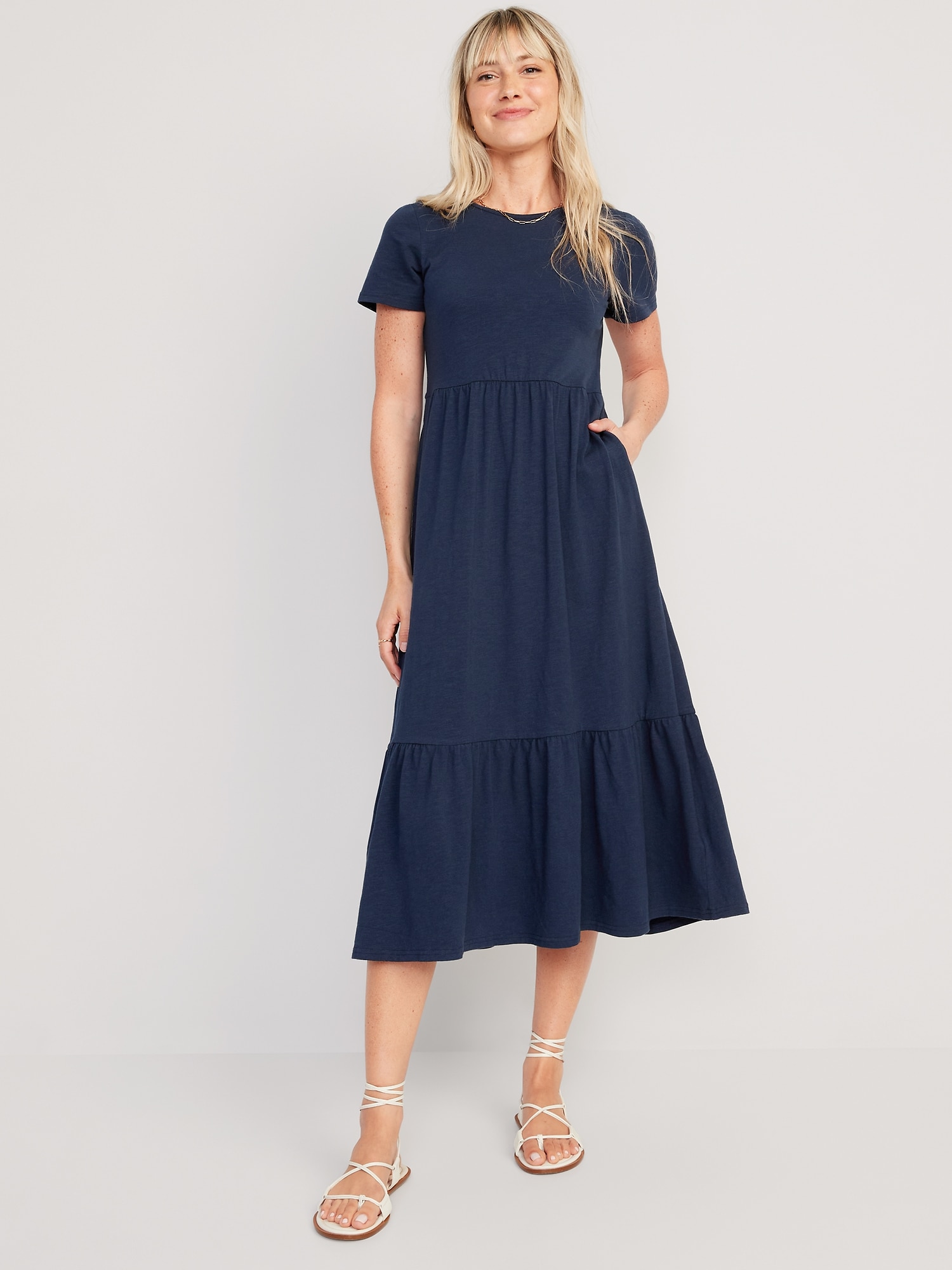 Old Navy Short-Sleeve Tiered Midi Dress for Women blue. 1