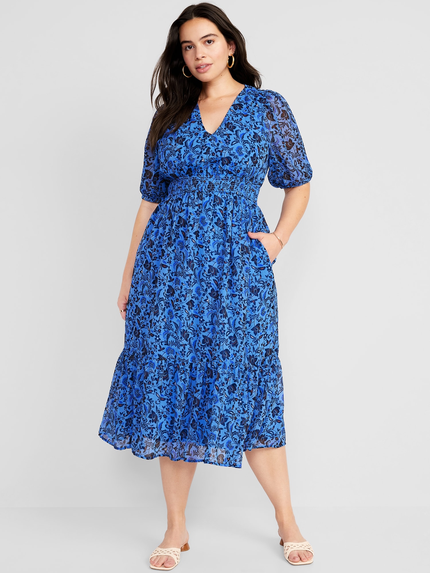 Waist-Defined V-Neck Midi Dress | Old Navy