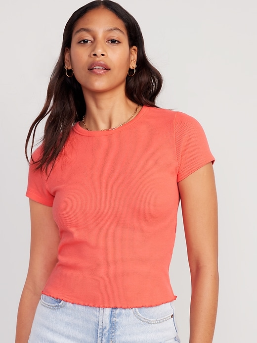Image number 1 showing, Lettuce-Edge Thermal-Knit Crop T-Shirt