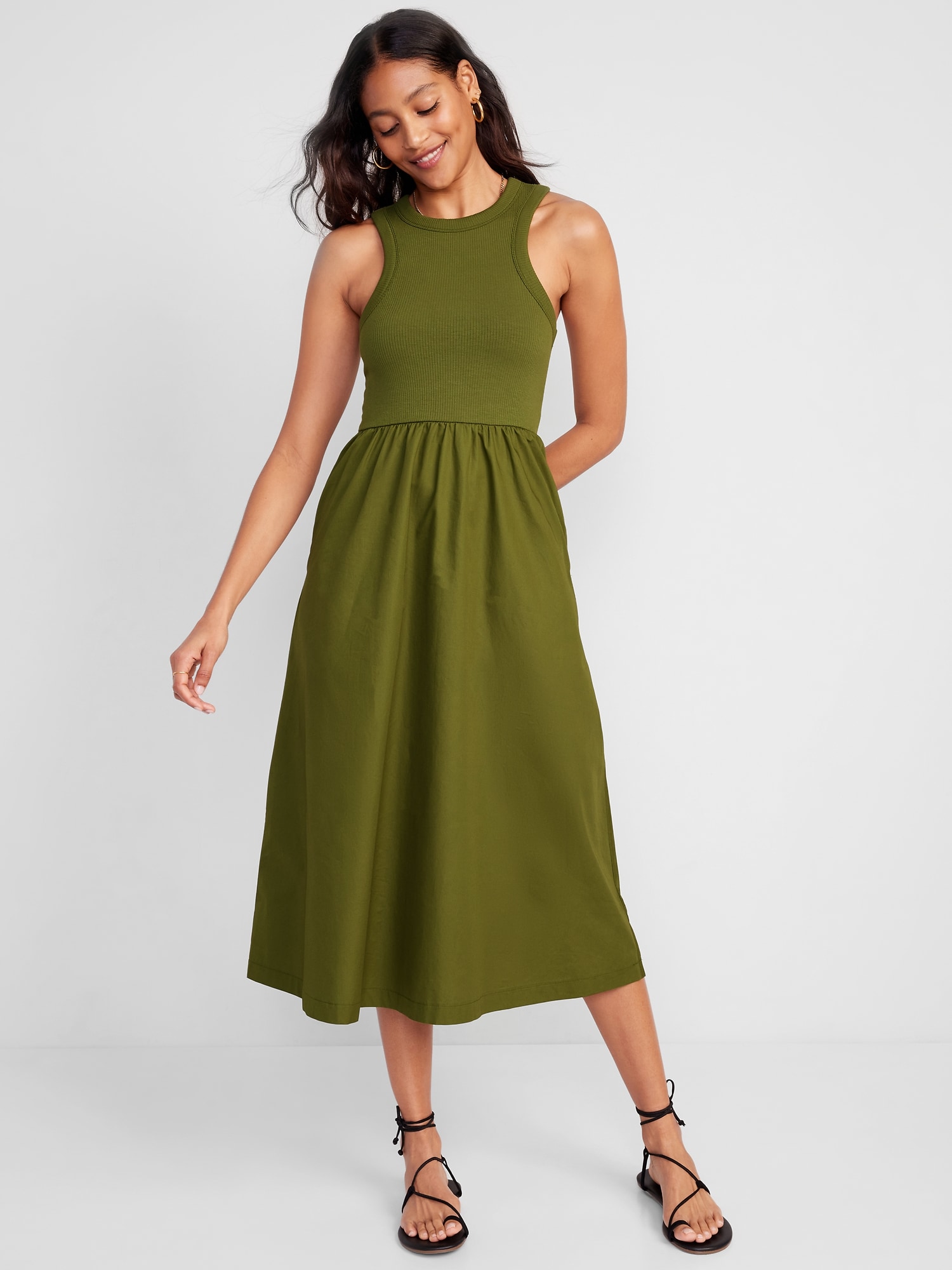 Old Navy Fit Flare High Neck Combination Midi Dress for Women green