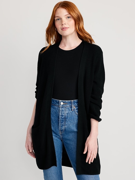 Image number 1 showing, Textured Long-Line Open-Front Sweater for Women