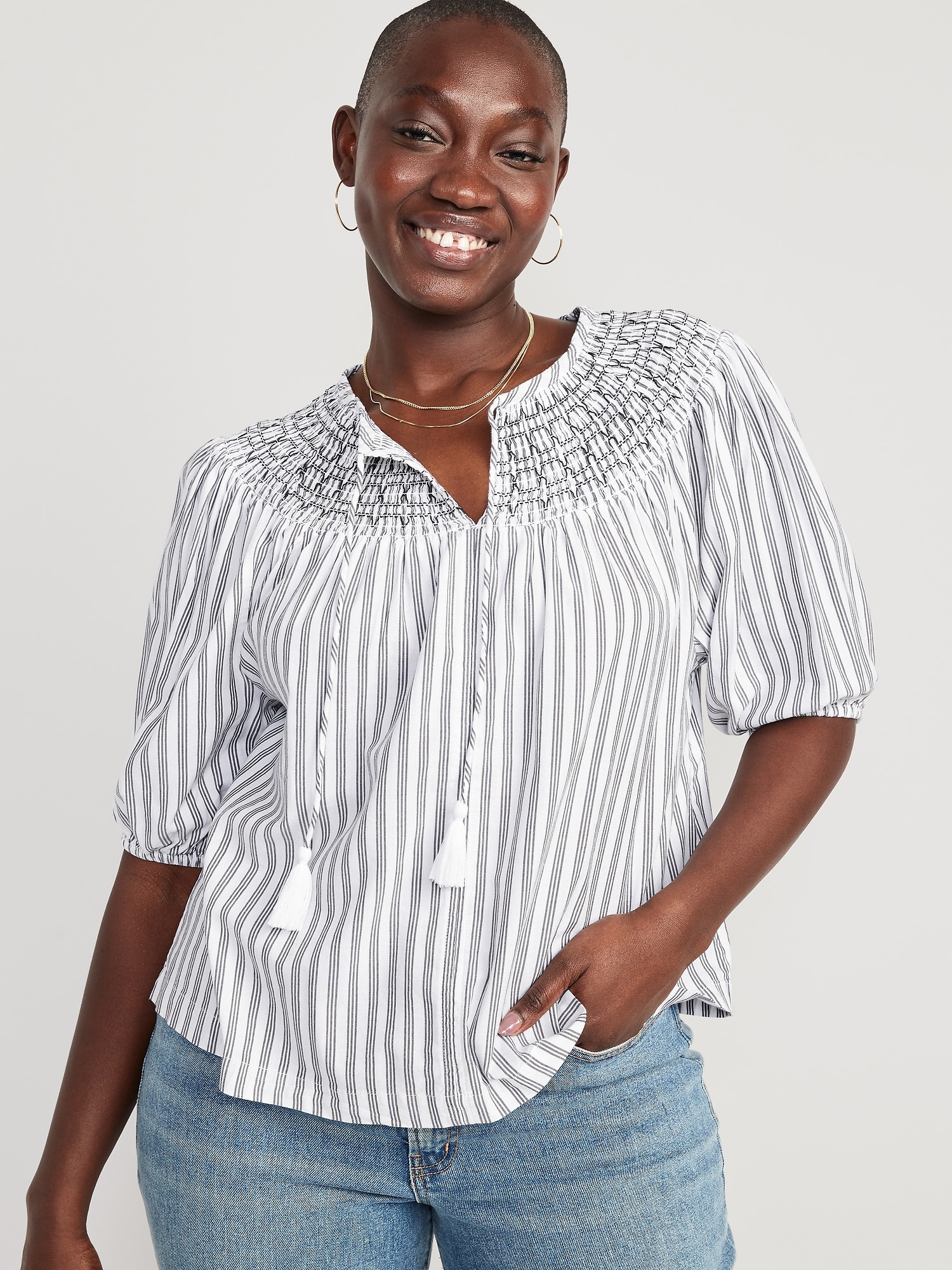 Puff-Sleeve Striped Smocked Embroidered Poet Blouse | Old Navy