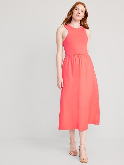 Fit & Flare High-Neck Combination Midi Dress