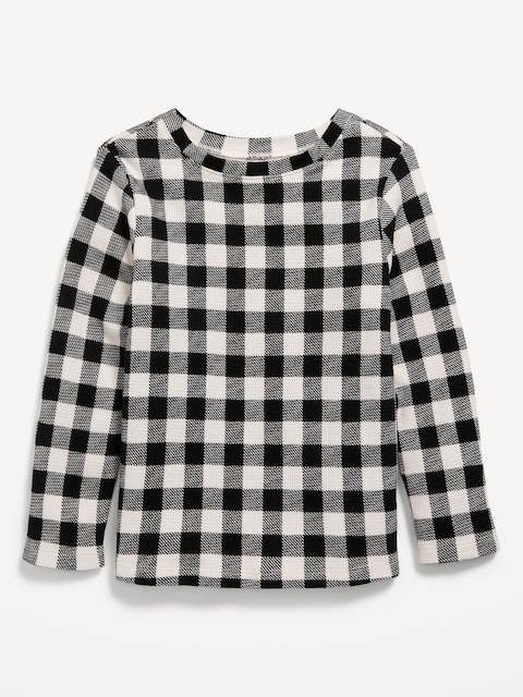 Printed Long-Sleeve Thermal-Knit T-Shirt for Toddler Girls - Black/White Plaid (Thermal Knit)