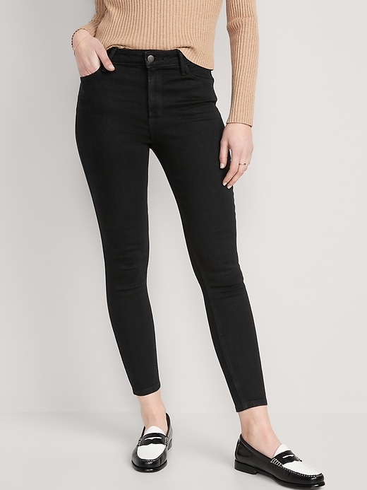 Image number 1 showing, High-Waisted Wow Super-Skinny Black-Wash Ankle Jeans for Women