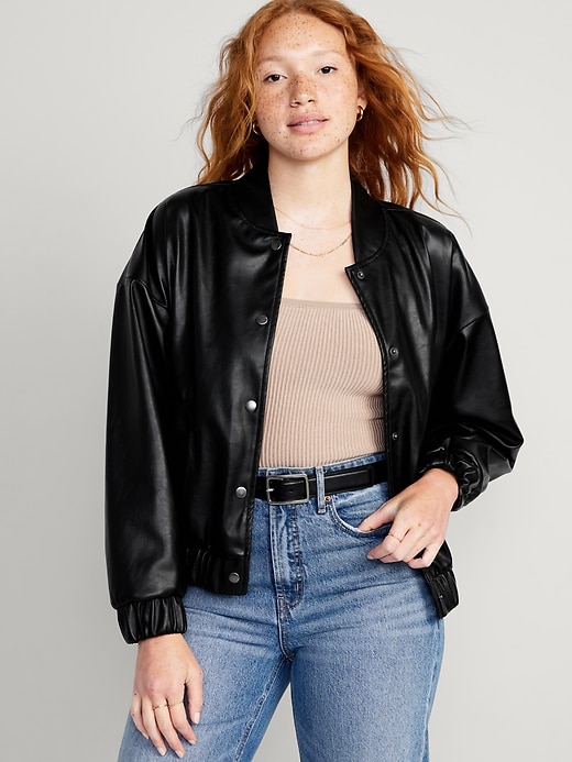 Image number 1 showing, Faux-Leather Bomber Jacket