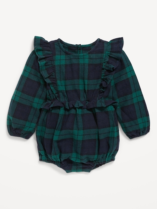 View large product image 1 of 2. Long-Sleeve Ruffle-Trim Plaid One-Piece Romper for Baby
