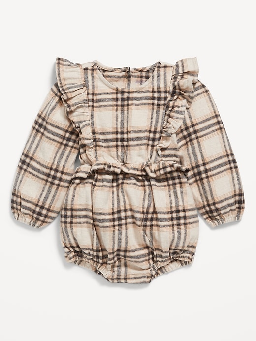 View large product image 1 of 2. Long-Sleeve Ruffle-Trim Plaid One-Piece Romper for Baby