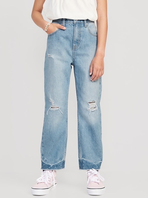 Voir une image plus grande du produit 1 de 5. Jean coupe droite détendue à taille haute et ourlet effiloché non extensible pour Fille