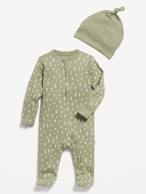 Unisex Sleep & Play 2-Way-Zip Footed One-Piece and Beanie Layette Set for Baby - Olive Geo Print