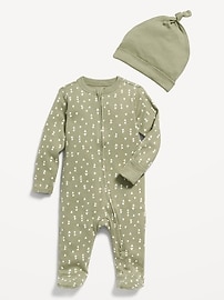 Image number 1 showing, Unisex Sleep & Play 2-Way-Zip Footed One-Piece and Beanie Layette Set for Baby