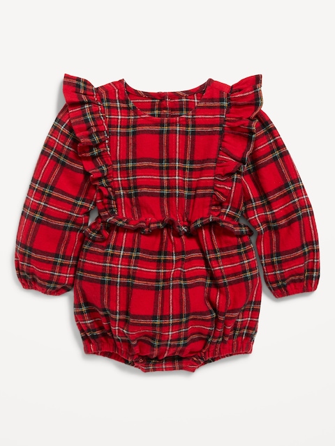 Long-Sleeve Ruffle-Trim Plaid One-Piece Romper for Baby