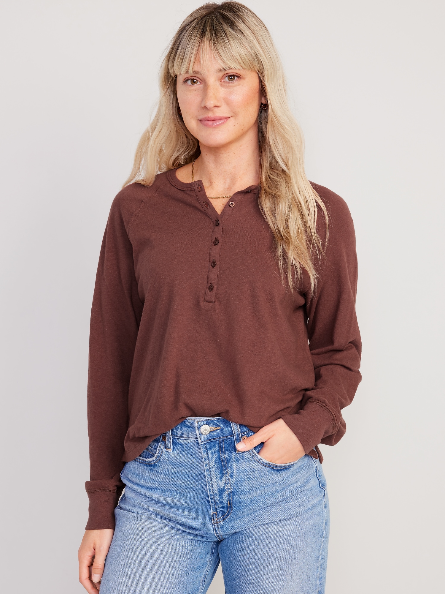 Long-Sleeve Rib-Knit Henley T-Shirt for Women