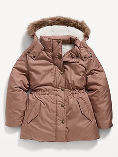 Sherpa-Lined Cinched-Waist Hooded Parka Coat for Girls