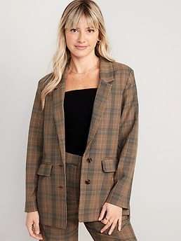 Navy plaid blazer womens sale