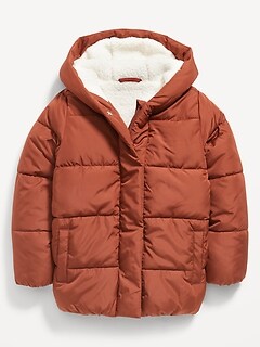 Cocoon Sherpa-Lined Hooded Puffer Jacket for Girls