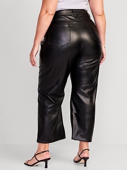 PEASKJP Women's Wide Leg Leather Pants High Waisted Stretch Fleece Lined  Leather Pants, Navy L 