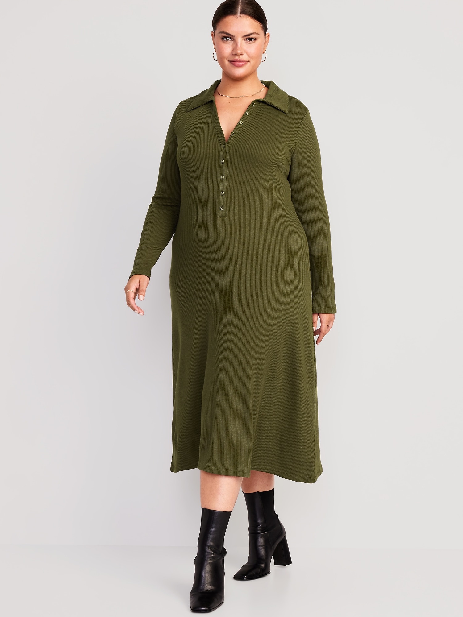 Robe Femme Ajustée Et Évasée En Coton - Col V Et Longueur Genou