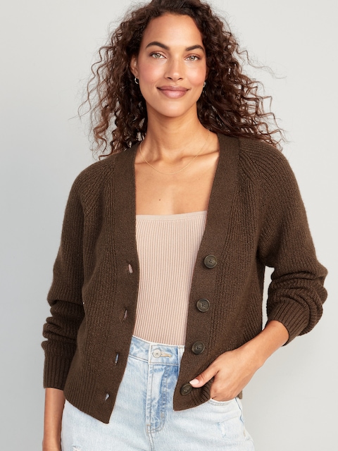 Shaker-Stitch Cardigan Sweater - Brown