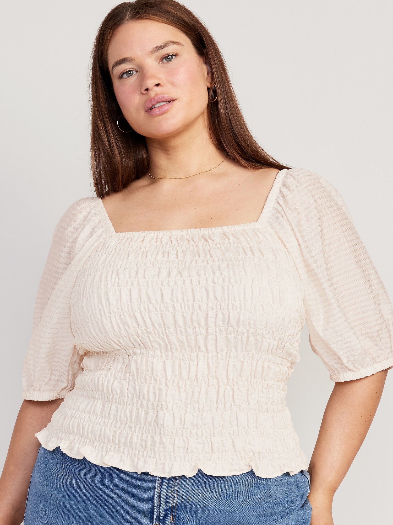 Fitted Puff-Sleeve Smocked Top
